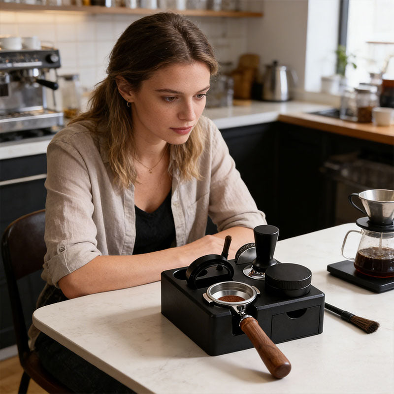 Universal Coffee Tamping Station: 51/53/54/58mm Distributor & Tamper Stand with Multi-Functional Storage Rack